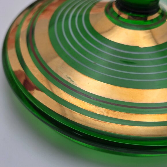 Vintage Bohemian Green Glass Lidded Candy Dish With Gold Stripes Mid Century - Picture 11 of 16